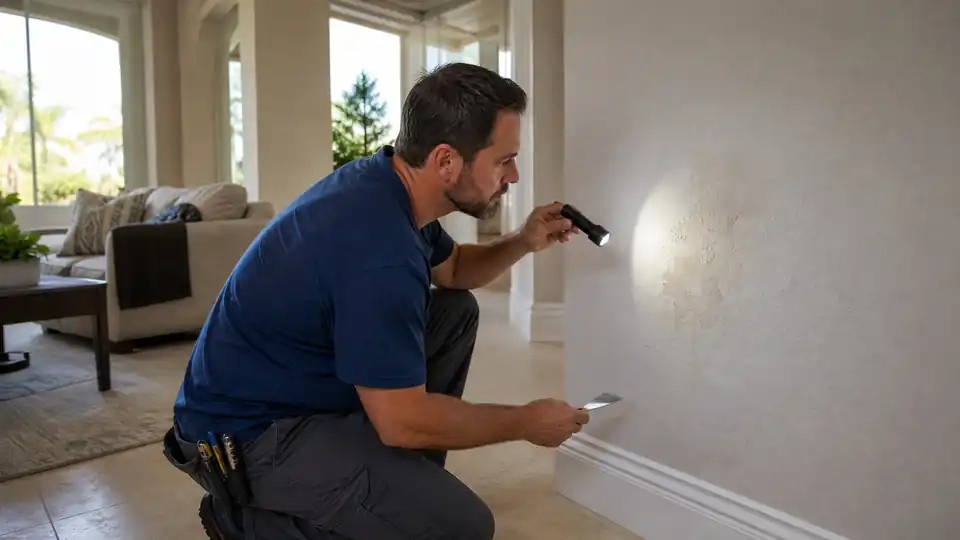 Handyman inspecting water damage and moisture stains on drywall inside an Estero, Florida home.