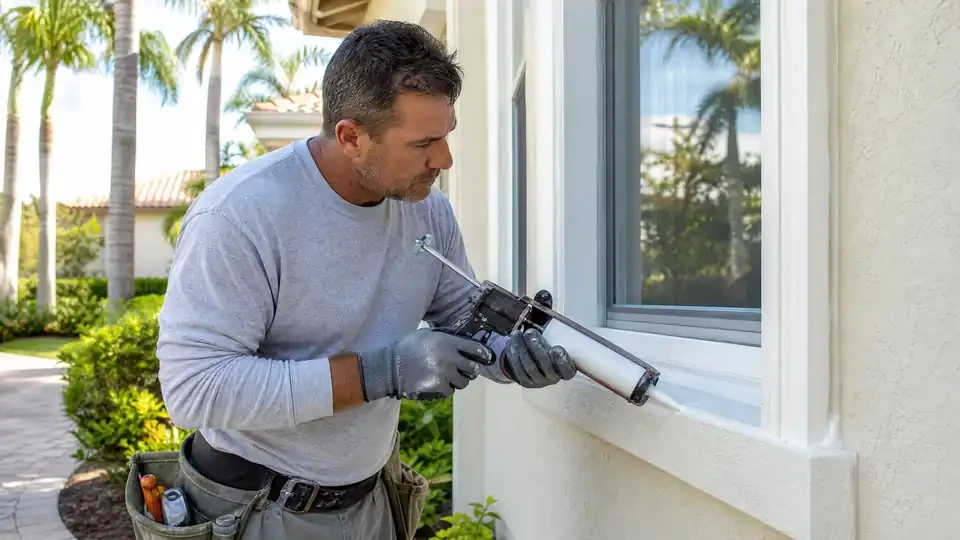 Professional handyman sealing exterior window caulking to prevent moisture damage at an Estero, FL home.