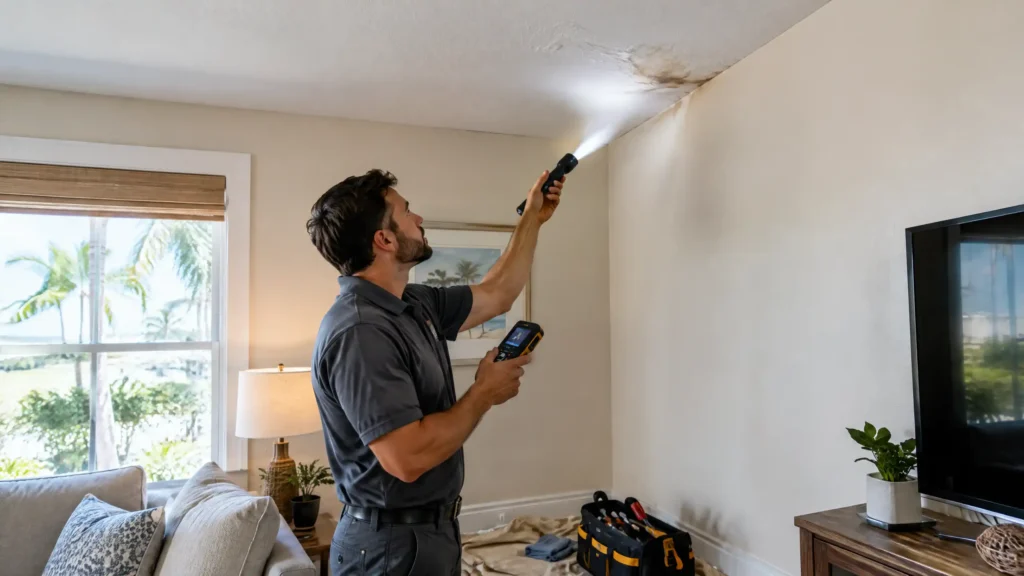 Handyman inspecting a ceiling for possible moisture damage in an Estero home.