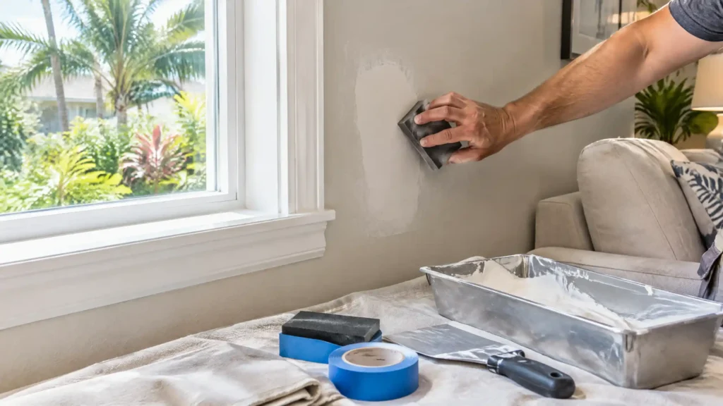 Freshly patched drywall being prepared for painting near a window.