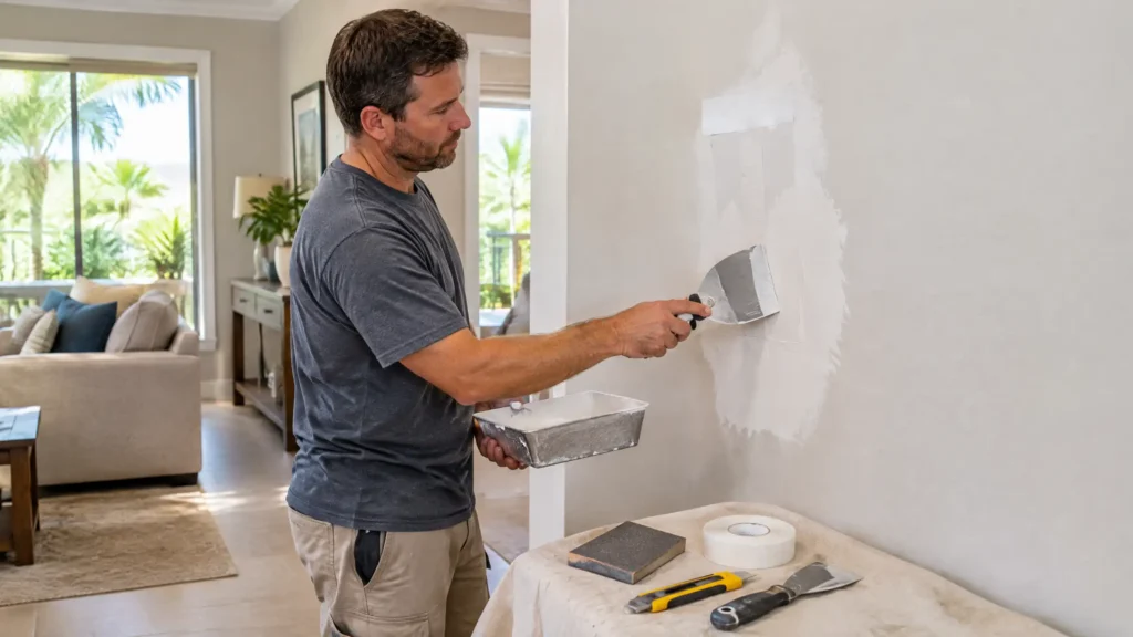 Handyman repairing damaged drywall inside an Estero, Florida home.